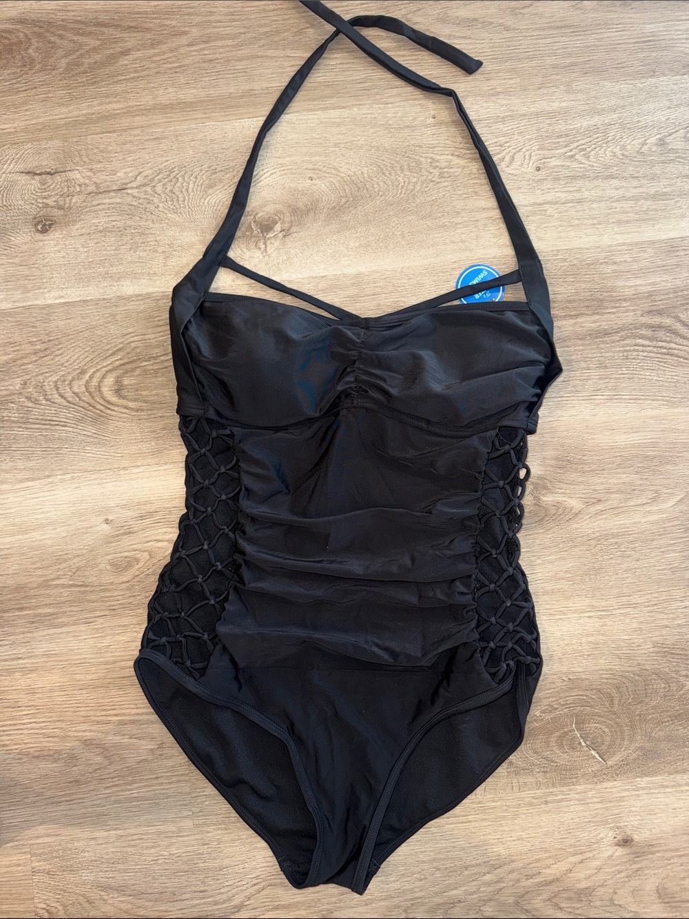 Swimsuits For All Black One-Piece Halter Swimsuit with Side Lattice